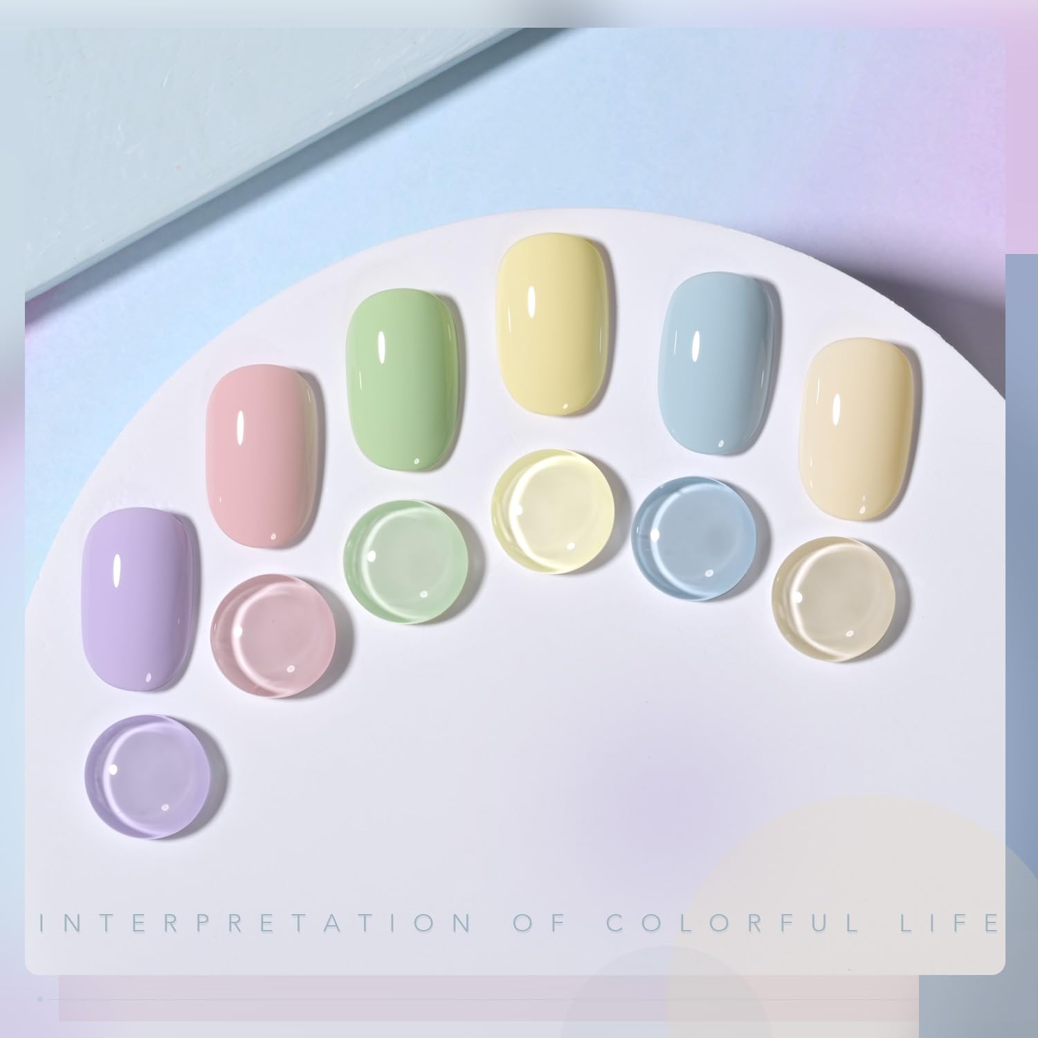Six pastel macaron gel nail polish bottles in soft yellow, pink, mint, blue, peach and lavender from GAOY - 2