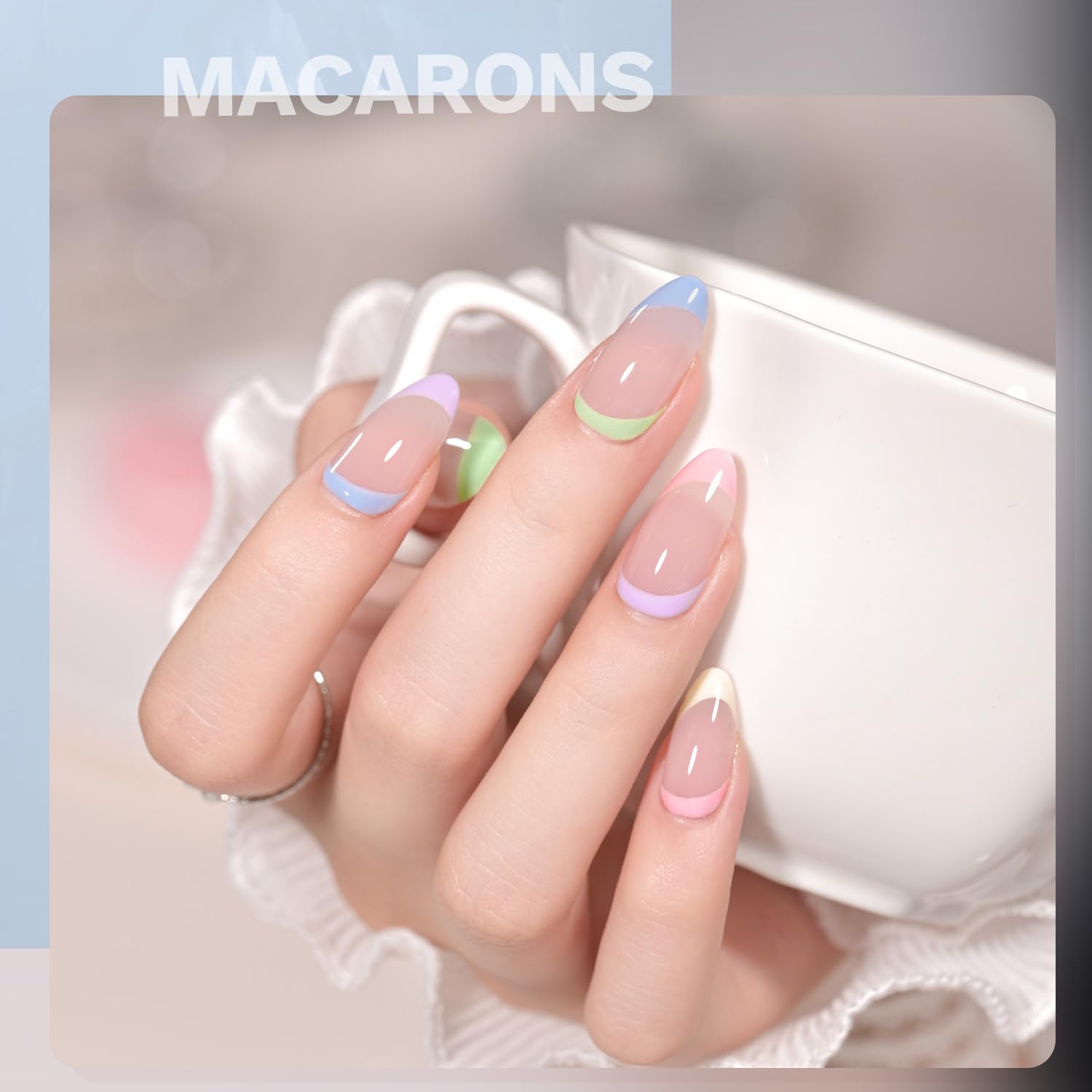 Six pastel macaron gel nail polish bottles in soft yellow, pink, mint, blue, peach and lavender from GAOY - 3