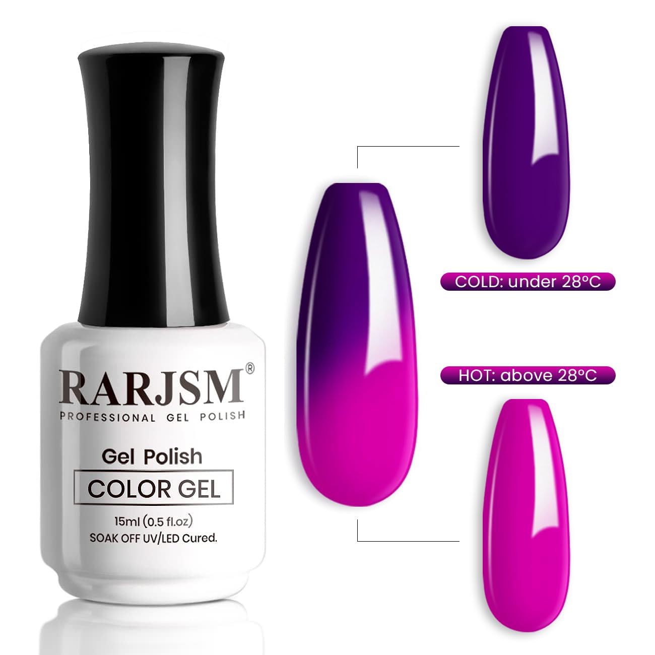 15ml bottle of thermal purple gel nail polish showing dark and bright purple color change - 3