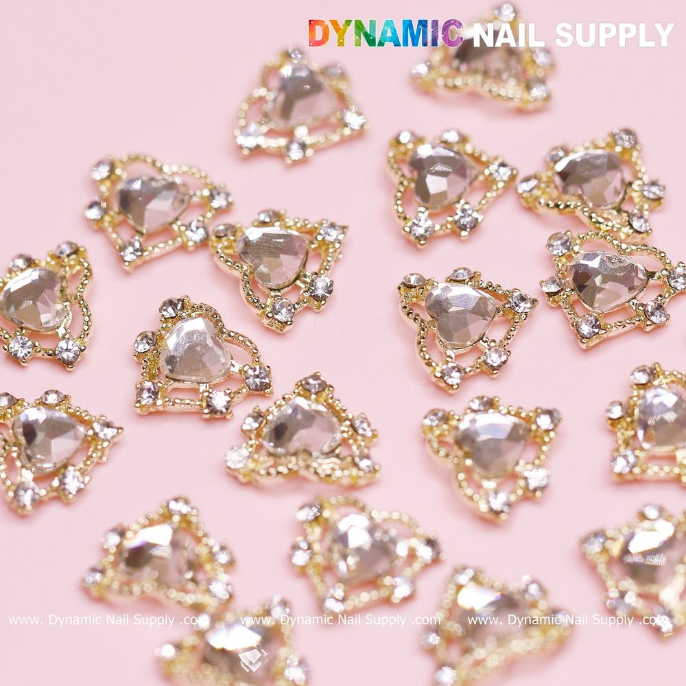 gold heart rhinestone nail charms set - 10