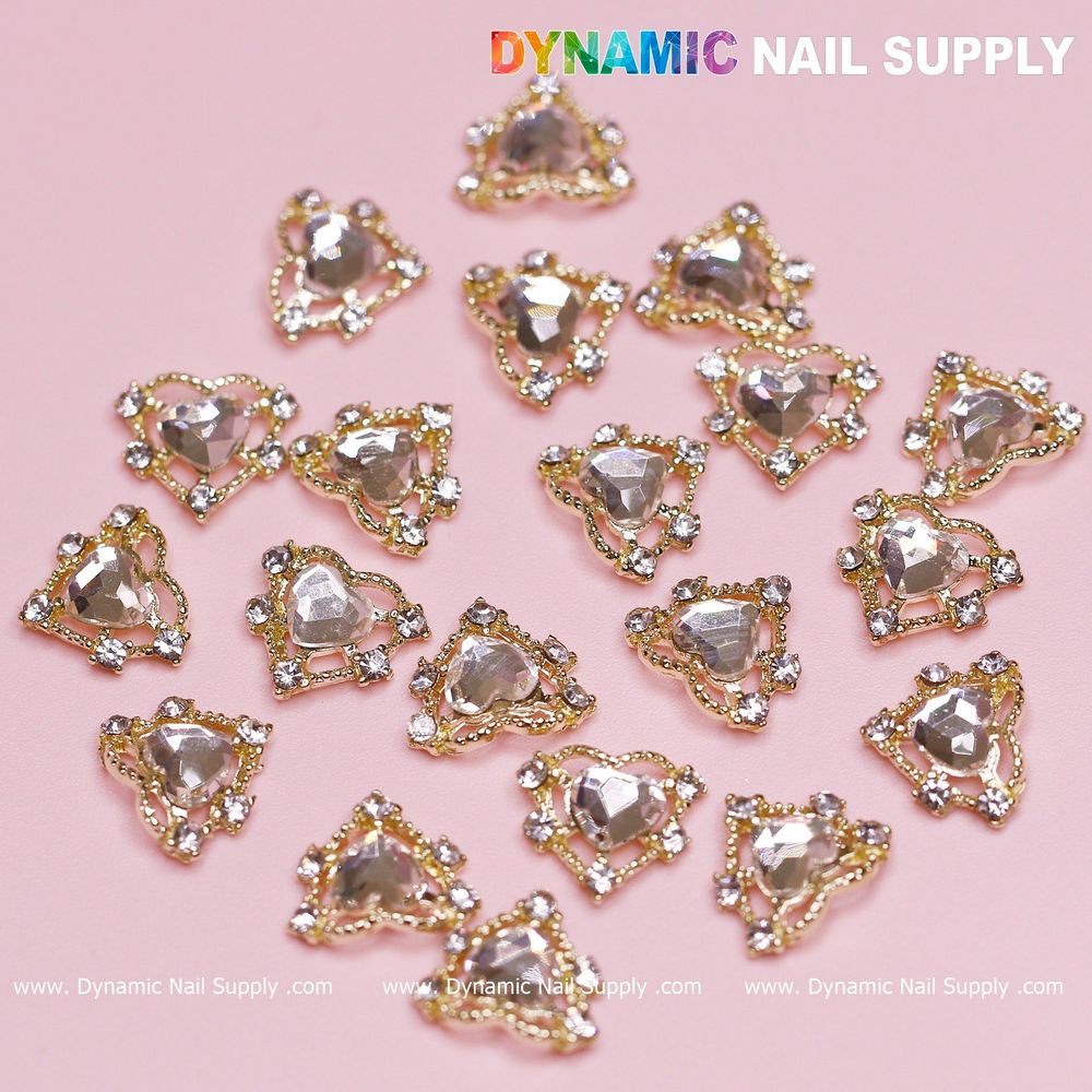 gold heart rhinestone nail charms set - 11