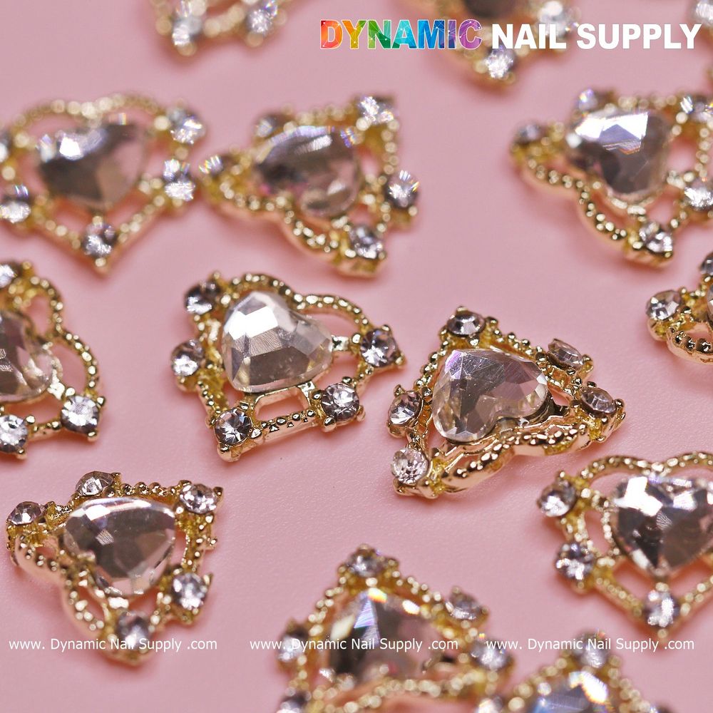 gold heart rhinestone nail charms set - 12