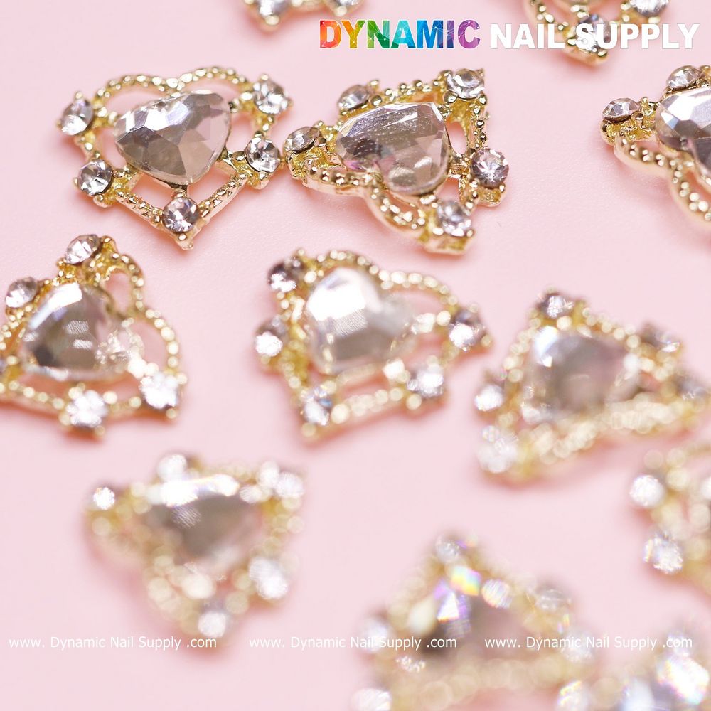 gold heart rhinestone nail charms set - 13