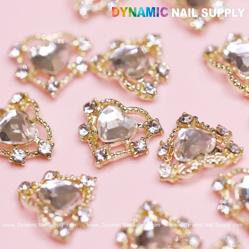 gold heart rhinestone nail charms set - 14