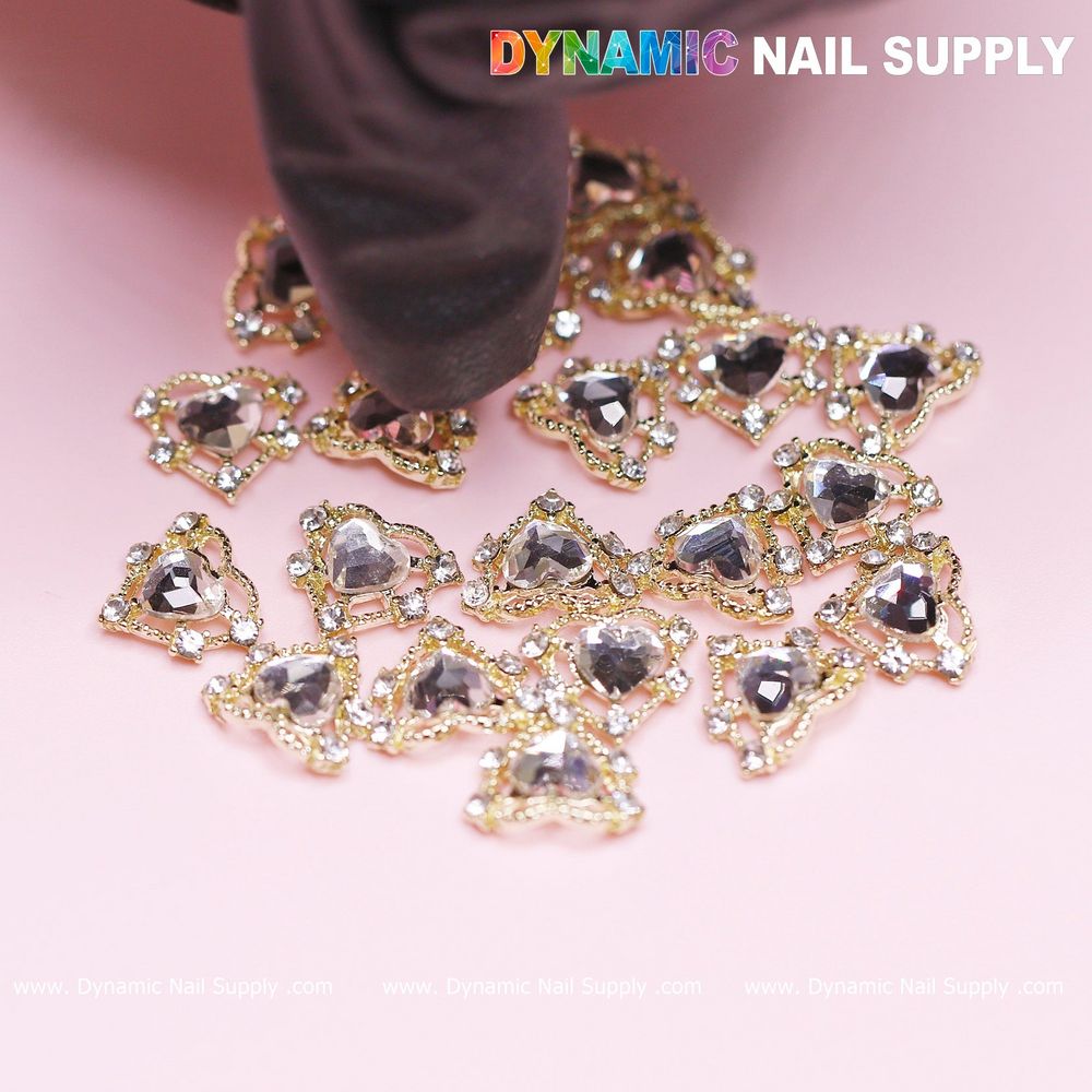 gold heart rhinestone nail charms set - 3