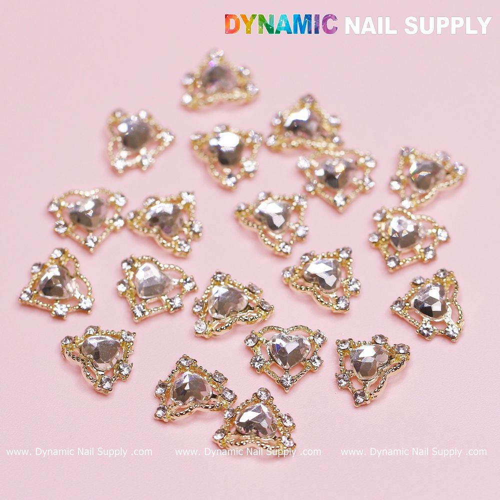 gold heart rhinestone nail charms set - 5