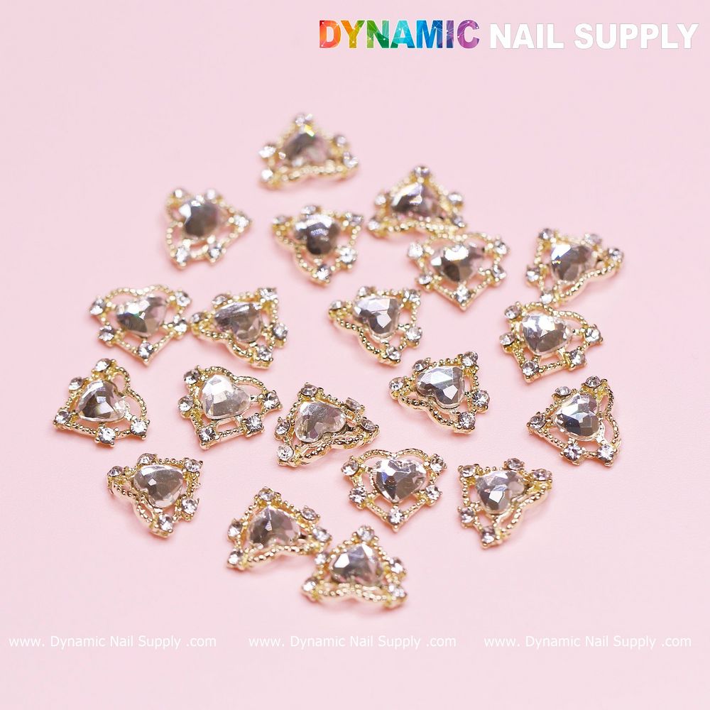 gold heart rhinestone nail charms set - 6