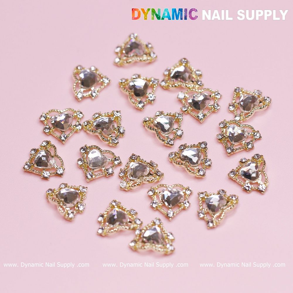 gold heart rhinestone nail charms set - 7