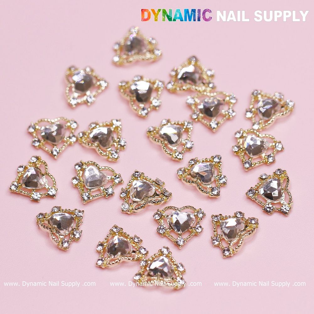 gold heart rhinestone nail charms set - 8