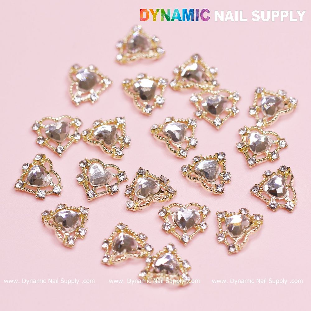 gold heart rhinestone nail charms set - 9